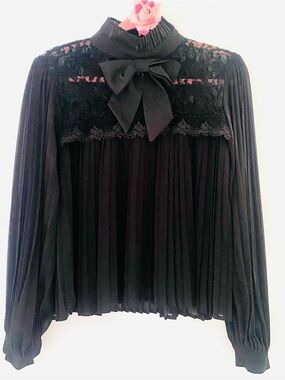 💕Pretty Black Lace High Neck Bow Detail Blouse Top SZ M